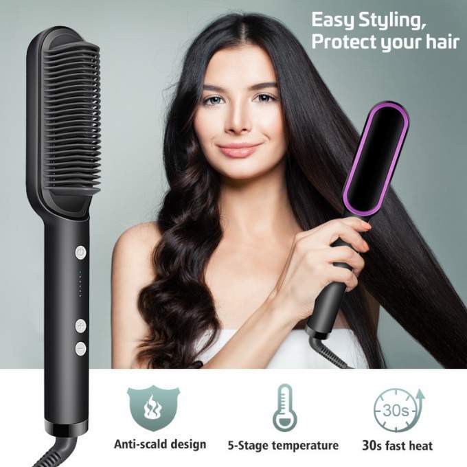 Hair Straightener Brush 2 In 1 Hair Hot Comb Electric Hair Straightener Curler Heating Styling Comb Straightening and Curling Styling Tool