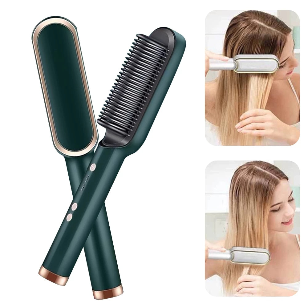 Hair Straightener Brush 2 In 1 Hair Hot Comb Electric Hair Straightener Curler Heating Styling Comb Straightening and Curling Styling Tool